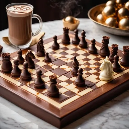 a steaming hot chocolate chocolate chess board adorned with intricate patterns and topped with melted whipping cream tumbles down from a large, bright chocolate board. The chocolate chessboard is intr