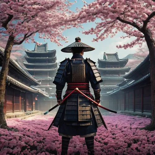 Defend your honor as a samurai in ancient Japan's cherry blossom garden.,samurai,japanese sakura background,sakura background,samurai fighter,sakura blossom,sensei,kyoto,sakura blossoms,the cherry blo