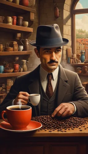 Create a mysterious scene at Alfreds Coffee, where a detective uncovers a clue hidden among the coffee beans.,coffee background,ivan-tea,caffè americano,inspector,espressino,espresso,tea cup fella,al 