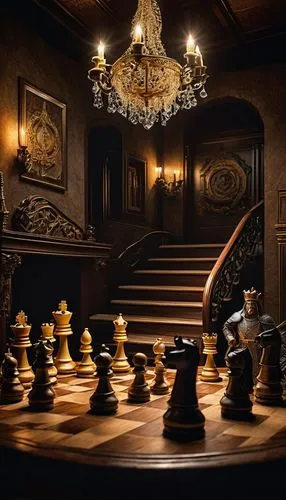 Grand, luxurious villa, indoor, dim lighting, ornate wooden floor, magnificent stone walls, elegant stairs, exquisite chandelier, regal architecture style, chessboard on a majestic wooden table, intri