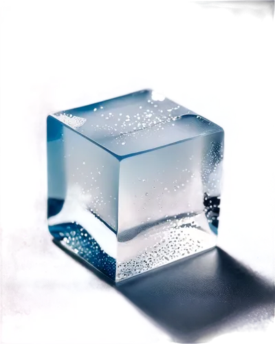 Frosted ice cube, transparent, sparkling, smooth surface, delicate edges, crystalline structure, refraction effect, soft natural light, shallow depth of field, pastel color tone, minimal composition, 