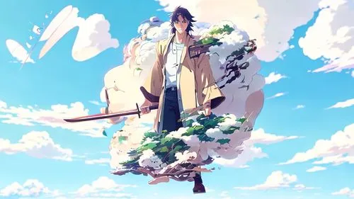 violet evergarden,floating island,airship,euphonium,air ship,flying island,sailing ship,clouds - sky,sky,summer sky,sea sailing ship,blue sky,薄雲,panoramical,skyland,voyage,skycraper,float,wanderer,car