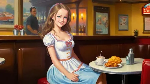 Romantic kitsch masterpiece oil painting, cute waitress girl portrait, 1 girl alone, sitting, classic 1950's style diner, nostalgic retro American vintage scenery, by Thomas Kinkade, high res,waitress