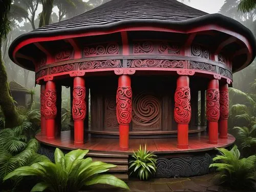 Traditional Maori Marae, wooden carved facade, intricate spiral patterns, vibrant red and black colors, stepped roof, rustic wooden pillars, ceremonial courtyard, lush greenery surroundings, subtropic