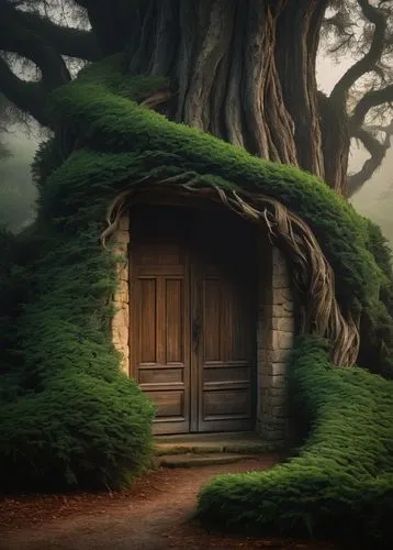 fairy door,hobbiton,wooden door,the threshold of the house,house in the forest,doorways,witch's house,ancient house,creepy doorway,the door,mirkwood,crooked house,doorway,open door,elfland,knothole,wooden hut,springhouse,fantasy picture,hobbit,Illustration,Realistic Fantasy,Realistic Fantasy 18