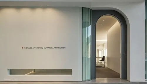 shop door design,surface concrete material,inspired by Zaha Hadid, photographed by Candida Höfer --ar 16:9 --c 3,a modern white office with a circular doorway,kosuth,associati,zwirner,hallway space,qu