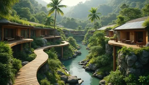 Harmonious eco-resort, lush tropical forest, meandering wooden walkways, tranquil water features, organic architecture, curved lines, natural stone walls, green roofs, solar panels, rainwater harvesti