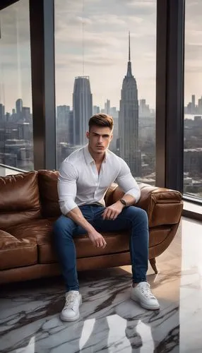 muscular man, 25yo, strong jawline, short brown hair, minimal facial hair, casual wear, white shirt, dark blue jeans, sneakers, leaning against, modern interior, luxurious living room, marble floor, w