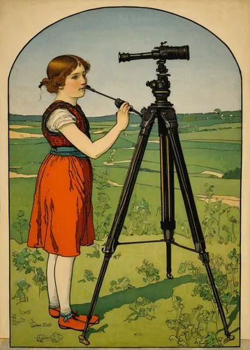 girl with a tripod,theodolite,spotting scope,astronomer,telescope,surveyor,camera illustration,astronomy,binocular,monocular,mercury transit,camerist,optical instrument,kate greenaway,surveying equipm