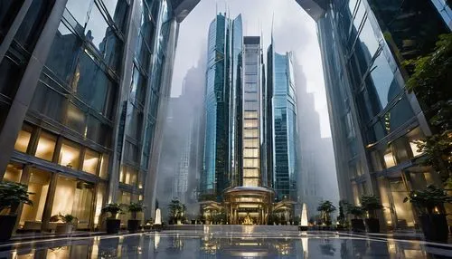 Futuristic skyscraper, modern cityscape, sleek metallic exterior, reflective glass windows, intricate structural details, grand entrance with revolving doors, high-ceiling lobby with marble floors, es