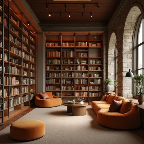 Cozy library interior, warm wooden shelves, comfortable seating areas, soft carpet flooring, earthy color palette, natural stone walls, floor-to-ceiling bookcases, rustic metal ladders, warm lighting 