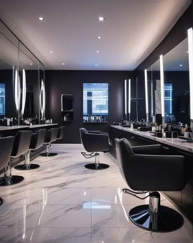 Modern hair salon, futuristic interior design, sleek lines, minimalist decor, spotlights shining down, glossy marble floors, curved glass walls, angular hair cutting stations, high-tech hair dryers, c