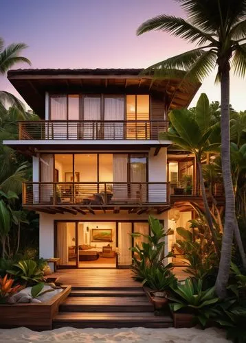 Tropical bungalow, modern architectural design, small size, sloping roof, white walls, large windows, sliding glass doors, wooden decks, outdoor furniture, potted plants, coconut trees, beachside, sun