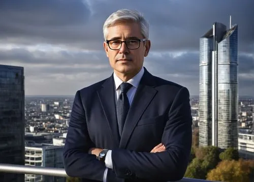 A mature, middle-aged male architect, bespectacled, short grey hair, clean-shaven, wearing a black turtleneck, dark blue blazer, white pants, black dress shoes, standing in front of a large skyscraper