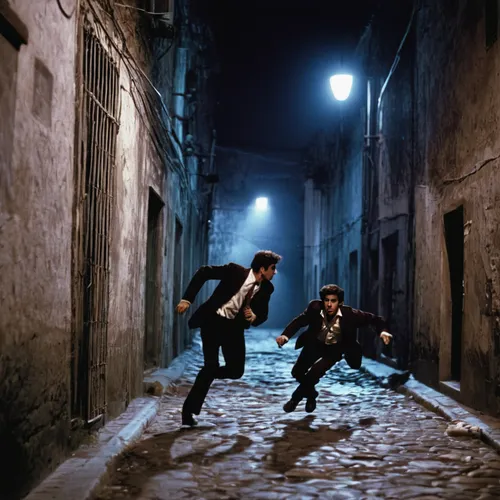 Ay cabr￳n, create a thrilling chase scene in a deserted alley at midnight.,bruges fighters,street dogs,stray cats,capital cities,street dance,argentinian tango,street musicians,spy visual,rome night,s