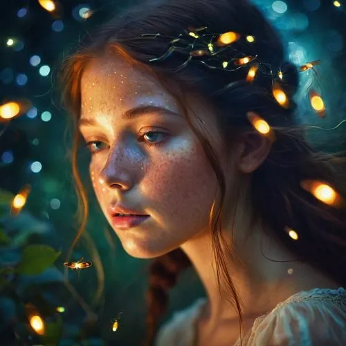 mystical portrait of a girl,fireflies,faery,fairy lights,little girl fairy,faerie,child fairy,girl in a wreath,girl in flowers,fantasy portrait,luminous,girl with tree,magical,garland of lights,fae,glow of light,luminous garland,girl portrait,fairy,enchanting,Illustration,Realistic Fantasy,Realistic Fantasy 37