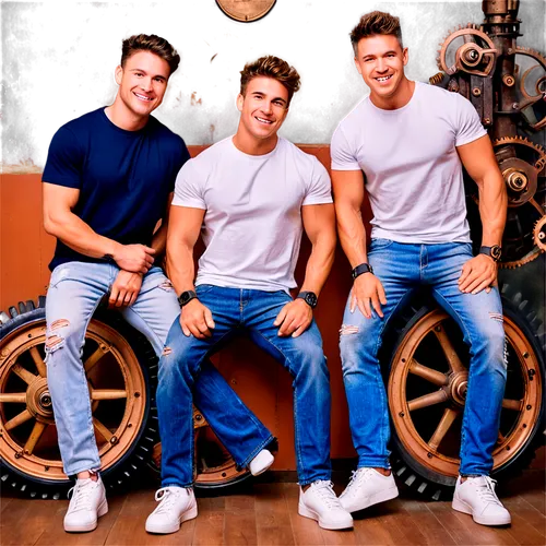 Three muscular guys, group photo, casual wear, white T-shirts, ripped jeans, sneakers, confident expressions, bright smiles, messy hair, strong jawlines, athletic builds, relaxed poses, natural lighti