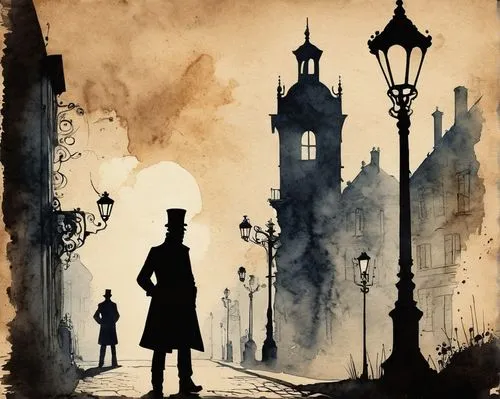 Silhouette of a man standing next to a lamp post, modern European ink painting, steampunk background, ink stains, the magician, on a street, vintage, street lanterns glow, awesome great composition, o