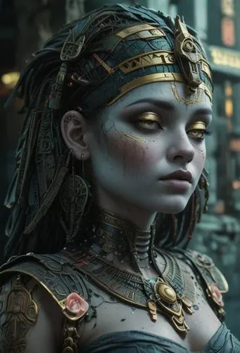 a young woman with elaborate clothing, head jewelry and large jewels,gandhari,violet head elf,yavana,female warrior,cleopatra,amidala