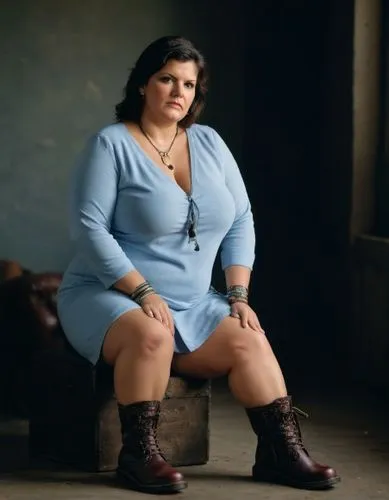 45-year-old overweight woman, serious expression, doc Martin boots, bangles, and bracelets,a woman with long brown boots sitting on a wooden block,guarnaschelli,gabourey,bdl,bbw,gioeli,thighpaulsandra