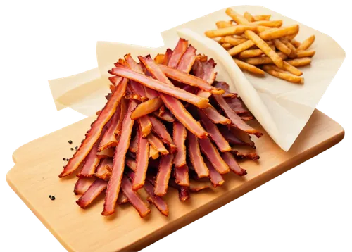 Crispy bacon strips, golden brown, savory, morning breakfast, kitchen counter, wooden cutting board, serrated knife, scattered sesame seeds, partial wrapping in paper, casual messy arrangement, warm l