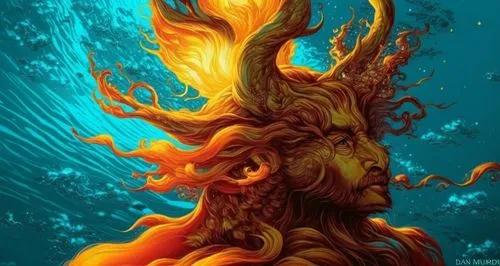 a man's face surrounded by fire, under water,burning tree trunk,flame spirit,tree torch,burning bush,pillar of fire,flame of fire,Illustration,Realistic Fantasy,Realistic Fantasy 25