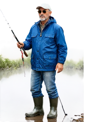 Fisherman, mature man, rugged face, strong build, wavy brown hair, bushy eyebrows, white beard, worn fishing hat, sunglasses, waterproof jacket, blue jeans, rubber boots, holding fishing rod, standing