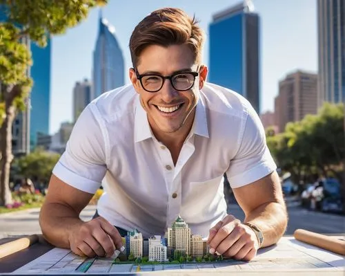 Male architect, volunteer, San Diego, 30s, muscular build, short brown hair, glasses, casual wear, denim jeans, white shirt, sneakers, holding a blueprint, pointing to a building model, smiling, sunny