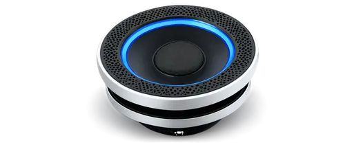 Small audio speaker, metal mesh grill, round shape, silver body, glowing blue LED light, 3.5mm audio jack, volume buttons, sleek design, metallic texture, slight reflection, soft focus, shallow depth 