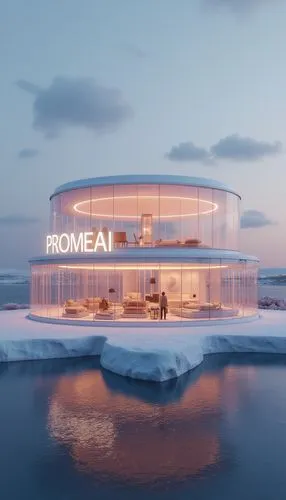 Floating on the Sea, featuring the word "PROMEAI" in bold white letters. the shape of an Minimal Modern Japanese pavilion, The structure is made up entirely from translucent glass panels with LED ligh