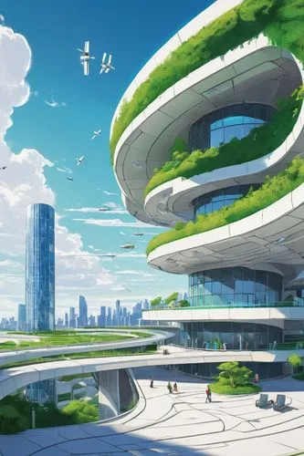 futuristic landscape,arcology,futuristic architecture,homeworld,cybercity,ringworld,terraformed,ecotopia,skyreach,futuristic art museum,homeworlds,sky space concept,spaceport,greentech,cybertown,citycell,planetaria,skyboxes,megacorporations,skyways,Illustration,Japanese style,Japanese Style 07