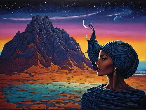 a painting of a woman staring into the distance,kemet,inanna,african art,binti,afar tribe,afrofuturism,Illustration,Realistic Fantasy,Realistic Fantasy 25