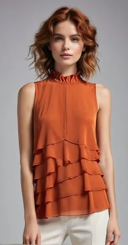 “A young woman wearing a stylish burnt orange sleeveless top with layered ruffles and a high neckline. Her loose, wavy hair is casually tousled, giving her a relaxed yet chic appearance. The top has a