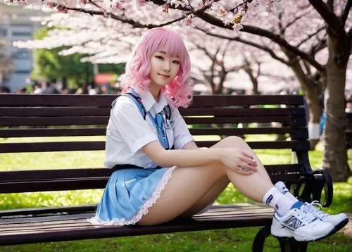 sakura florals,sakura,pink shoes,japanese kawaii,sakura blossoms,harajuku,sakura blossom,sakura flowers,sakura flower,anime japanese clothing,sitting on a chair,park bench,japanese sakura background,sakura background,kawaii girl,spring unicorn,mikuru asahina,bench,kawaii,sakura mochi,Conceptual Art,Sci-Fi,Sci-Fi 09