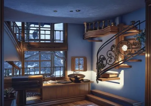 winding staircase,circular staircase,outside staircase,blue lamp,upstairs,stairwell,staircase,spiral staircase,spiral stairs,skylights,staircases,stairwells,wooden stair railing,loft,interior decoration,blue room,skylight,search interior solutions,attic,wooden stairs,Illustration,Paper based,Paper Based 29