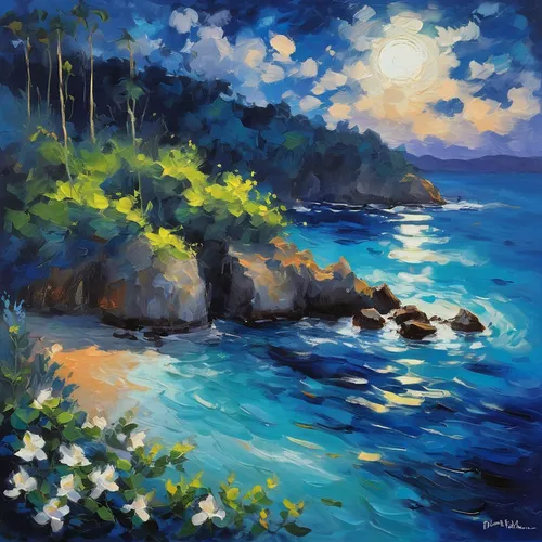 coastal landscape,sea landscape,cliffs ocean,molokai,beach landscape,blue painting,seascape,landscape with sea,tropical sea,cove,dolphin coast,cliff beach,sea-shore,blue waters,sea night,rocky coast,an island far away landscape,ocean view,kauai,blue hawaii,Conceptual Art,Oil color,Oil Color 10