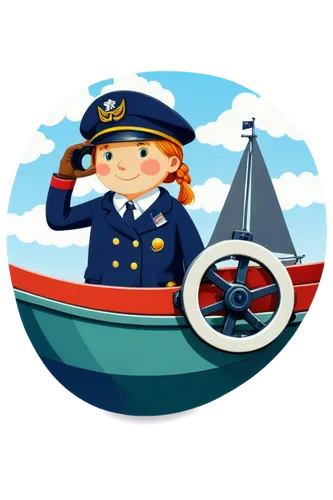 Navy ship, cartoon style, colorful hull, white sail, anchor symbol, portholes, cannon on deck, American flag, sailor uniform, captain's hat, binoculars, steering wheel, navigation map, sunny sky, soft