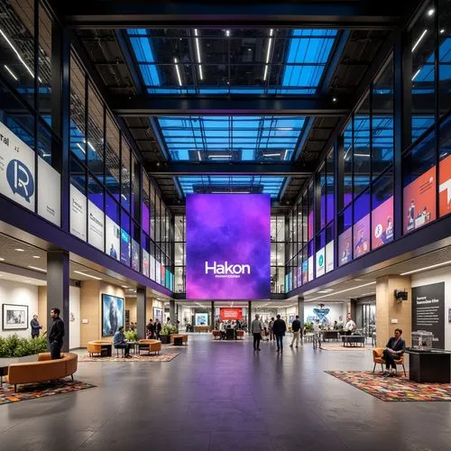 Vibrant modern exhibition center, sleek glass facades, minimalist interior design, polished concrete floors, neutral color palette, bold accent walls, dynamic LED lighting, interactive display systems