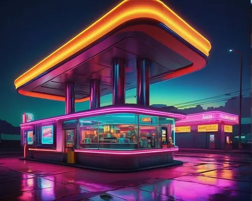 1. Futuristic skyscraper, neon lights, sleek curves, metallic materials, reflective glass, cityscape, night view, 3/4 composition, cinematic lighting.
2. Retro-futuristic diner, bold colors, rounded e