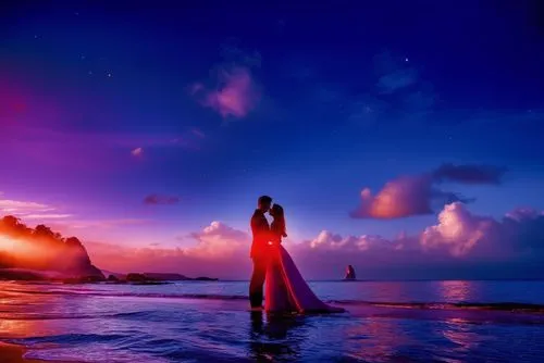 two people emcing each other in front of a water and sky,mermaid silhouette,sailing blue purple,woman silhouette,splendid colors, silhouette,dreamscapes,Photography,General,Realistic