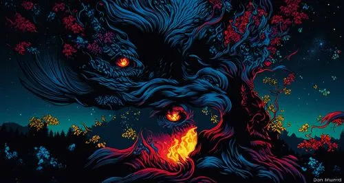 a big monster with red eyes near a tree,beltane,grimm,tree torch,oscura,werewolve,howling wolf,Illustration,Realistic Fantasy,Realistic Fantasy 25