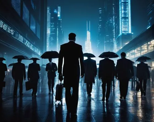 bladerunner,man with umbrella,salaryman,salarymen,walking in the rain,walking man,rainman,people walking,dystopian,cyberpunk,replicants,skyfall,wallstreet,jablonsky,wall street,cybertrader,lexcorp,daybreakers,cybercity,shinjuku,Conceptual Art,Sci-Fi,Sci-Fi 09