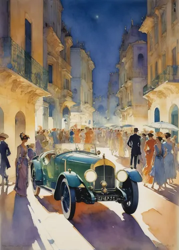 Imagine a luxurious sports car speeding through a vibrant city at night.,1920s,austin 7,delage d8-120,bugatti type 51,bugatti type 35,bugatti type 55,1000miglia,1926,hispano-suiza h6,vintage cars,isot