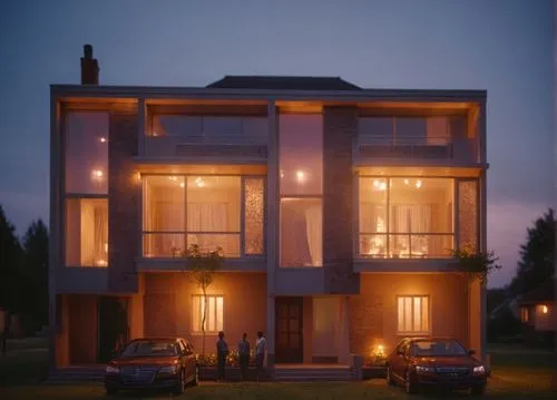 two cars parked in front of some houses,passivhaus,maisonette,maisonettes,vicarage,showhouse,inmobiliaria,Photography,General,Cinematic