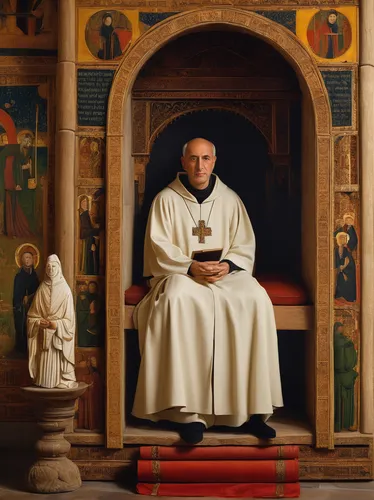 Craft a narrative featuring a contented clergyman in a peaceful temple.,auxiliary bishop,carmelite order,carthusian,the abbot of olib,benediction of god the father,metropolitan bishop,benedictine,pope