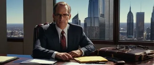 Enterprise director, male, 40s, suit, tie, glasses, briefcase, confident posture, sitting on a leather chair, luxurious office, wooden desk, laptop, papers, pens, skyscraper view through the window, c