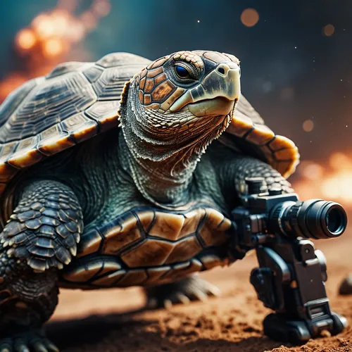 space mega super god-turtle with two big guns on back, natural shot, tilt-shift macro shot,trachemys,map turtle,trachemys scripta,land turtle,turtle,terrapin,common map turtle,painted turtle,tortoise,