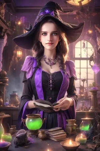  witch near a cauldron with green slime boiling inside,  room full of magical artifacts and books, a large window behind her shows a sky at dusk with colors; purple, black, pink, stars and moon,a beau