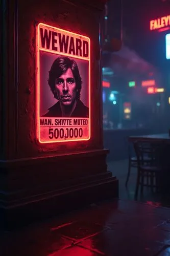 Hyper-realistic digital painting. Medium shot. Wanted poster of Han Solo beamed onto a wall in a dark, smoky bar on Tatooine, Reward 50,000. Close-up. Vibrant neon colors, sharp digital lines. 깨 detal