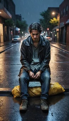 A man, wearing trendy clothes, sitting on a curb with his tail between his legs in a rainy street, totally wetting, hands both in pockets, hopeless and despair, night,homeless man,kabir,homeless,unhou